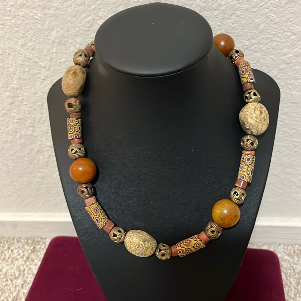 Boutique Hand Made Neutral Stone, Clay & Metal Beaded Necklace